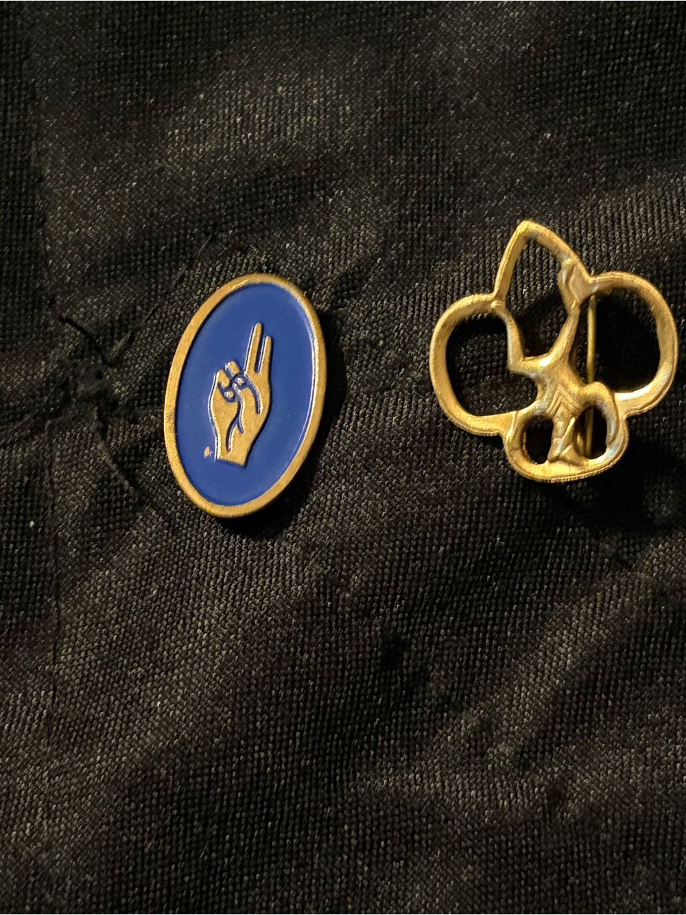Vintage Girl Scout Pin Lot Blue Enamel Peace Sign&Fleur De Lis Gold tone